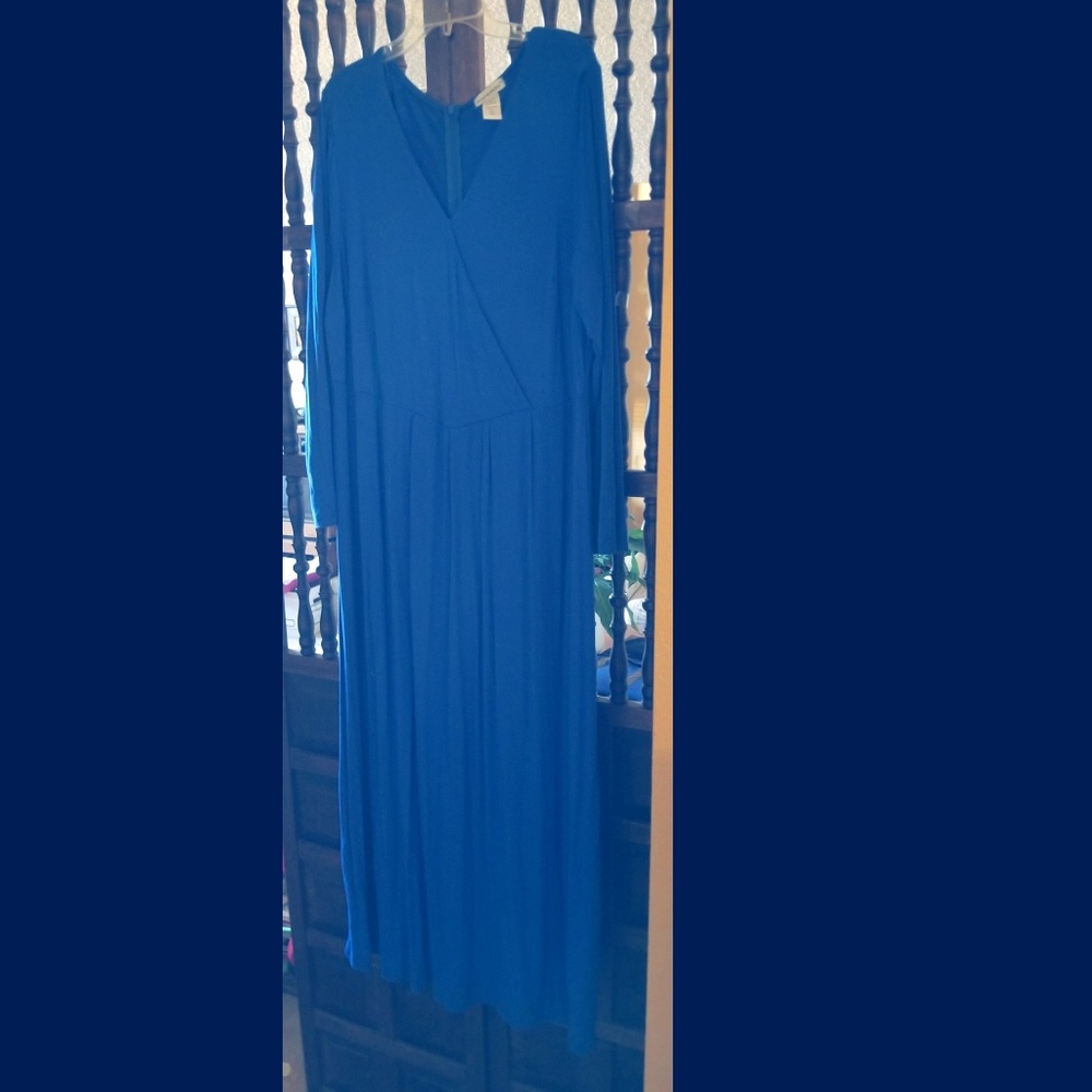 Blue Long-sleeve Surplice Empire Dress